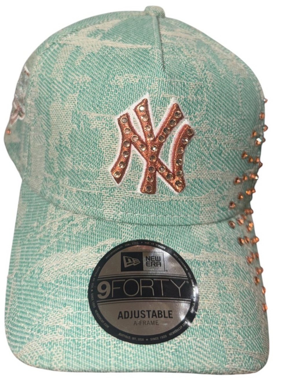New Era 9forty A-Frame New York Yankees distressed denim custom rhinestone hat